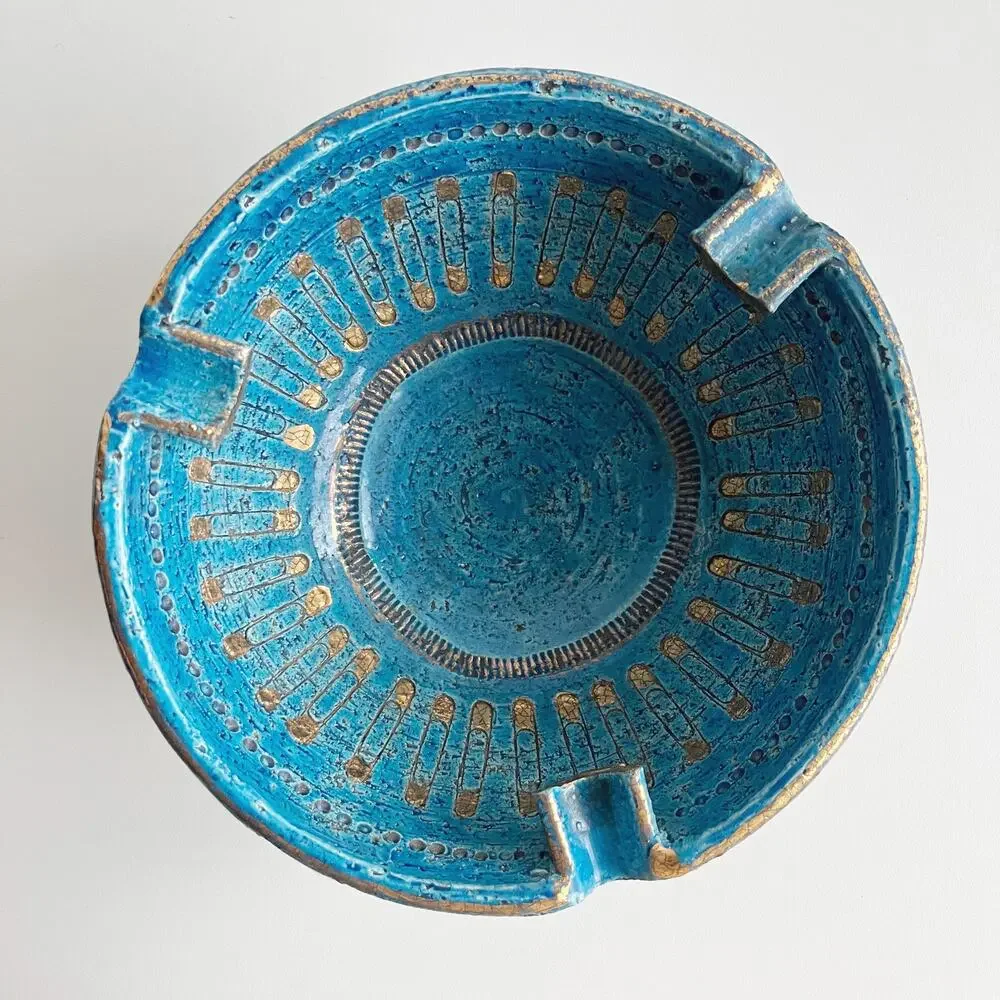 Vintage Bitossi Aldo Londi Safety Pin Design Rimini Blue Gold Ashtray Catchall - Picture 2 of 5